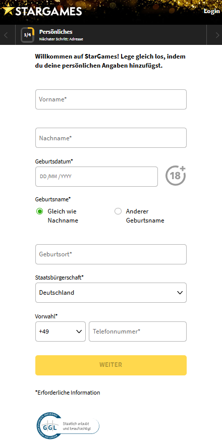 StarGames Registrierung